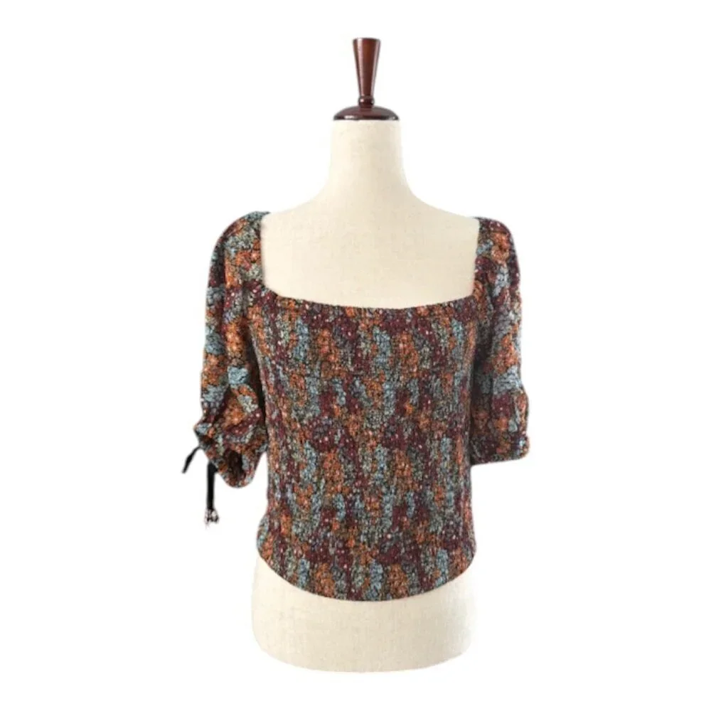 Free People Square Neck Smocked Puff Sleeve Floral Crop Top In Dark Combo Lr NWT